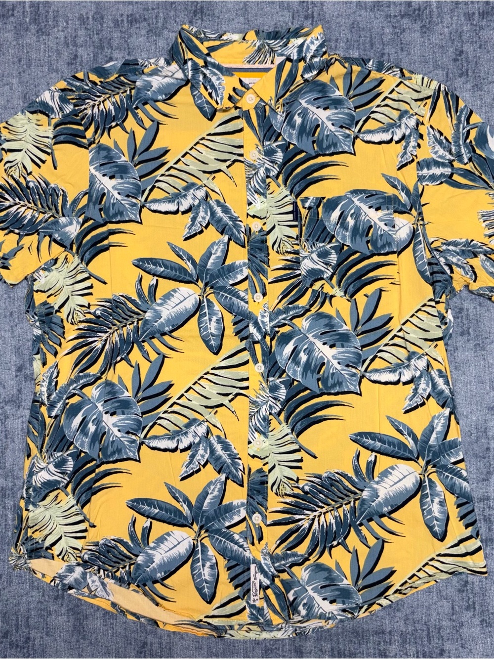 Original Penguin Mens Large Yellow Tropical Palm Leaf Short Sleeve Button Shirt